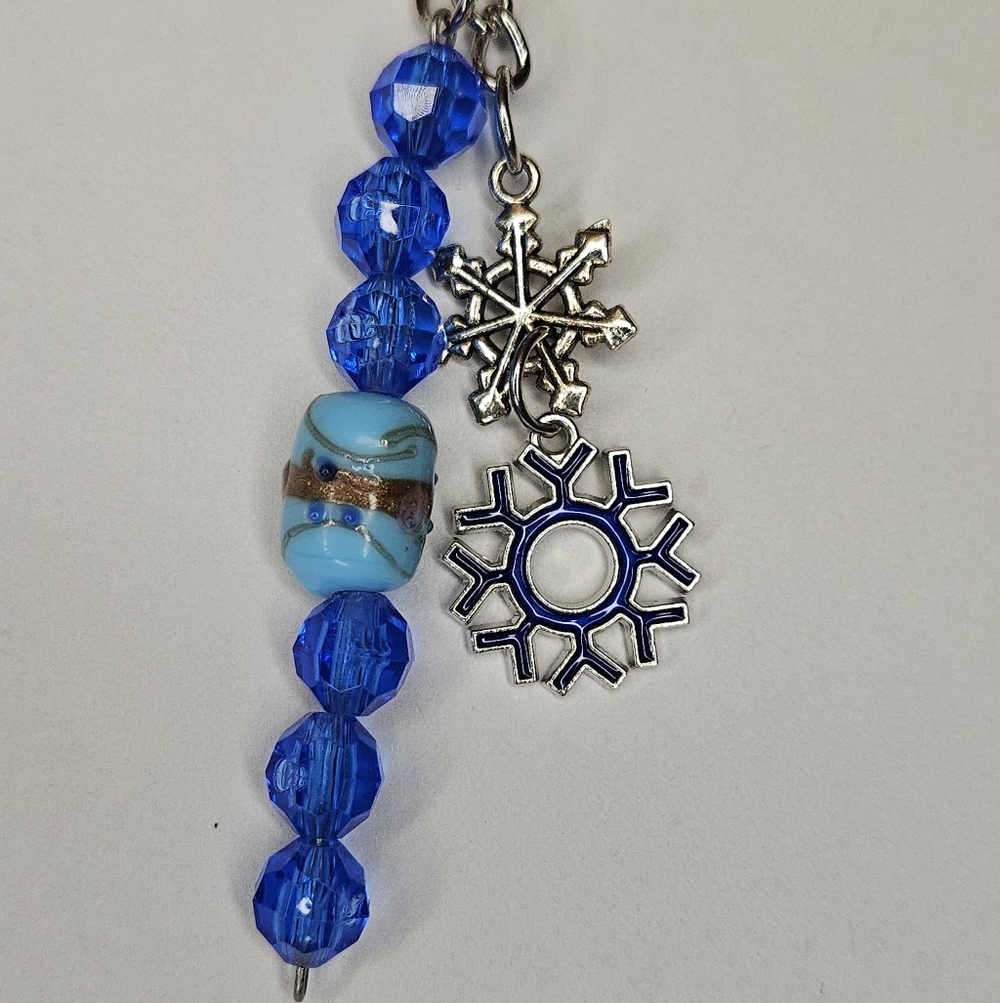 Blue/Silver Double Snowflake And Beaded Keychain Handmade